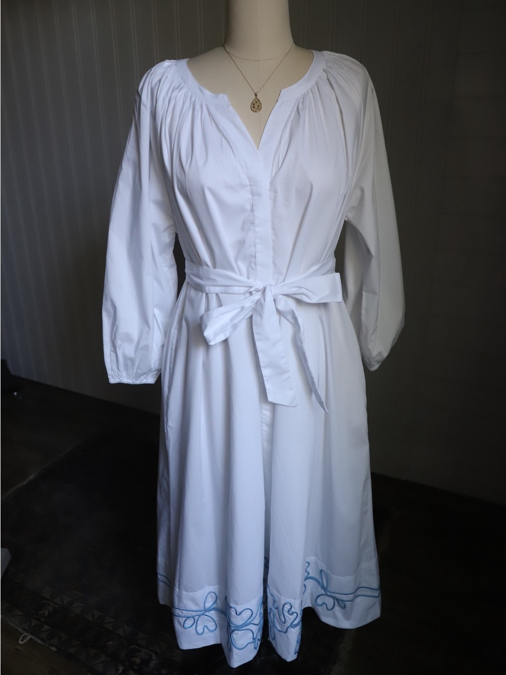 Lake Long-Sleeve Tie-Waist Midi Dress with Embroidered Hem